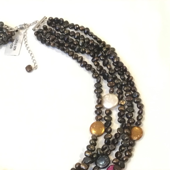 Sterling Silver 5 Row Dark Brown & Multi-Color Coin Pearl Necklace 17 1/2”-19” L - Picture 3 of 5